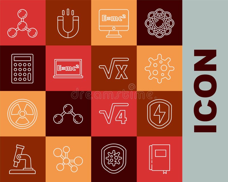Set line Book, Secure shield with lightning, Virus, Equation solution, Calculator, Molecule and Square root of x glyph vector illustration