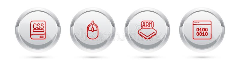 Set line Books about programming, Computer mouse, Processor and Binary code. Silver circle button. Vector vector illustration