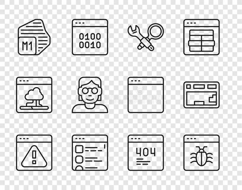 Set line Browser with exclamation mark, System bug, Debugging, files, Processor, Hacker coder, Page 404 error and. Vector.