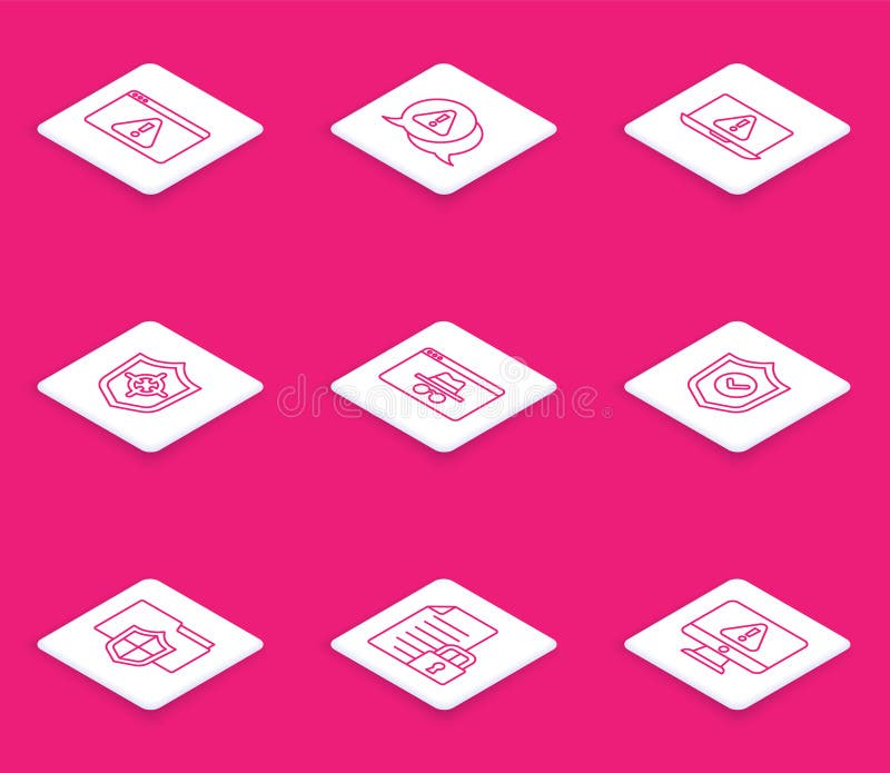 Set line Browser with exclamation mark, Exclamation in triangle, Laptop, Shield, incognito window, check, Document vector illustration