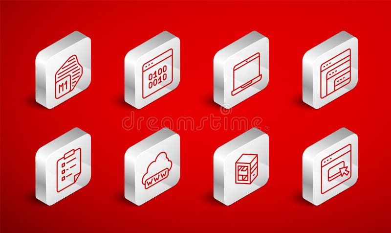 Set line Browser files, Binary code, Laptop, Software, Computer, Processor, Web development and Clipboard with checklist royalty free illustration