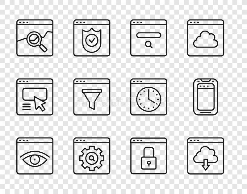 Set line Browser incognito window, Cloud download, Search engine, setting, Website with stocks market, Secure your HTTPS vector illustration