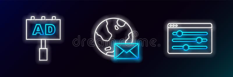 Set line Browser setting, Advertising and Earth globe with mail icon. Glowing neon. Vector royalty free illustration