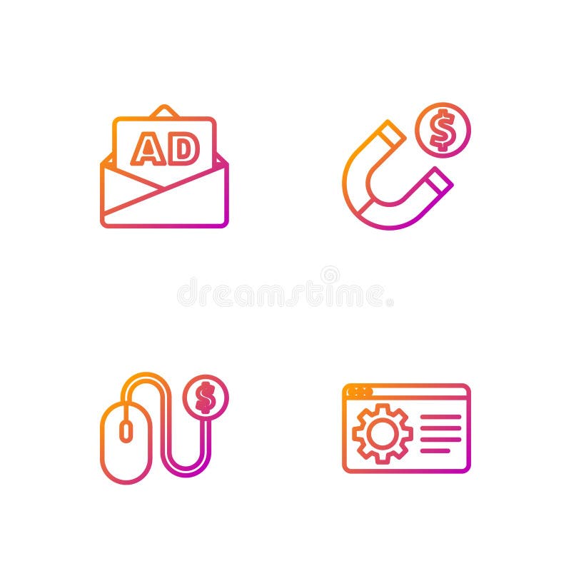 Set line Browser setting, Advertising, and Magnet with money. Gradient color icons. Vector royalty free illustration
