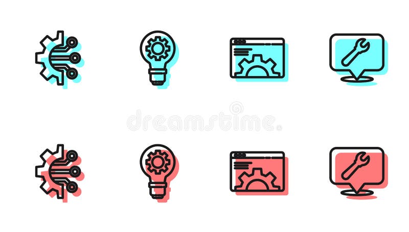 Set line Browser setting, Algorithm, Light bulb and gear and Location with wrench spanner icon. Vector vector illustration