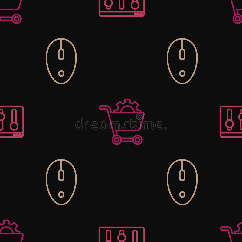 Set line Browser setting, Computer mouse and Shopping cart on seamless pattern. Vector royalty free illustration
