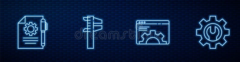 Set line Browser setting, Document settings and pen, Calliper or caliper scale and Wrench spanner gear. Glowing neon stock illustration