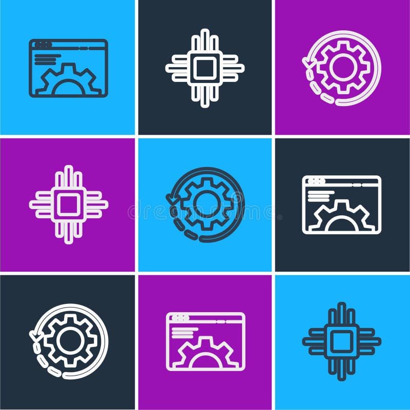 Set line Browser setting, Gear and arrows as workflow and Processor with microcircuits CPU icon. Vector stock illustration