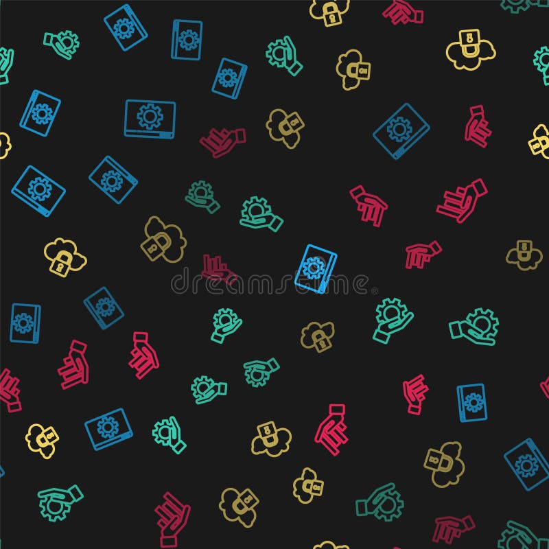 Set line Browser setting, Hand settings gear, Cloud computing lock and Pie chart infographic on seamless pattern. Vector royalty free illustration