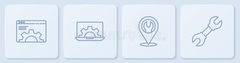 Set line Browser setting, Location with wrench spanner, Laptop and gear and Wrench. White square button. Vector vector illustration