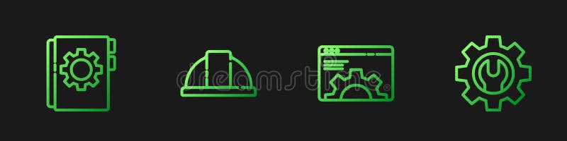 Set line Browser setting, User manual, Worker safety helmet and Wrench spanner and gear. Gradient color icons. Vector stock illustration
