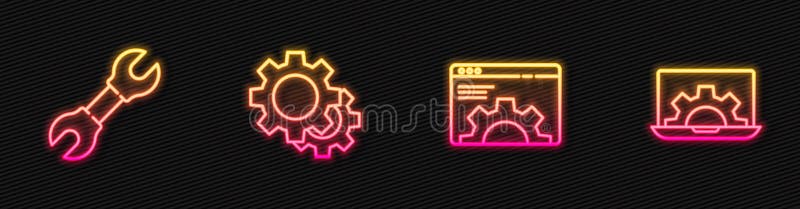 Set line Browser setting, Wrench spanner, Gear and Laptop and gear. Glowing neon icon. Vector royalty free illustration