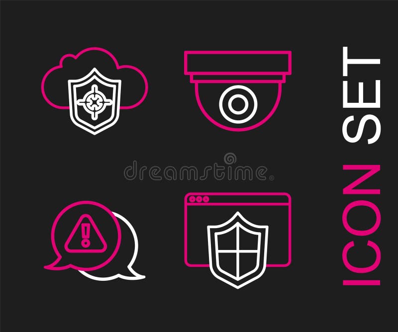 Set line Browser with shield, Exclamation mark in triangle, Security camera and Cloud and icon. Vector royalty free illustration