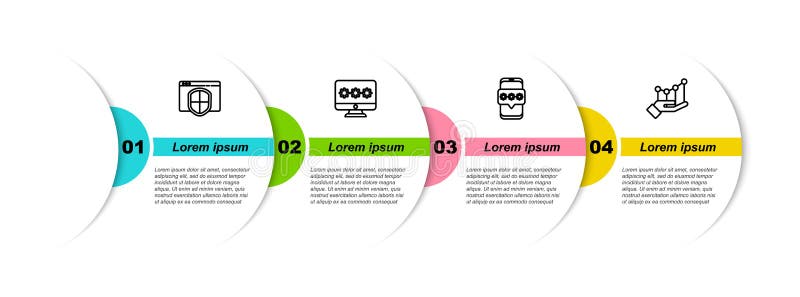 Set line Browser with shield, Monitor password, Mobile and and Pie chart infographic. Business infographic template vector illustration