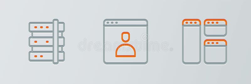 Set line Browser window, Server and Create account screen icon. Vector stock illustration
