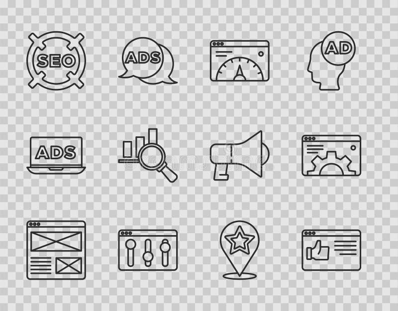 Set line Browser window, Website statistic, setting, SEO optimization, Magnifying glass and analysis, Map pointer with stock illustration