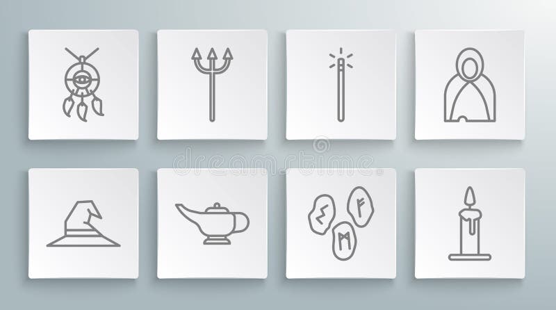 Set line Witch hat Neptune Trident Magic lamp or Aladdin runes Burning candle candlestick wand Mantle cloak cape and Dream catcher with feathers icon. Vector. Set line Witch hat Neptune Trident Magic lamp or Aladdin runes Burning candle candlestick wand Mantle cloak cape and Dream catcher with feathers icon. Vector.