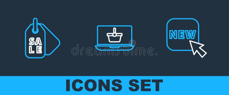 Buton de setare linie cu text nou etichetă de preț și pictogramă laptop coș de cumpărături. vector royalty free illustration