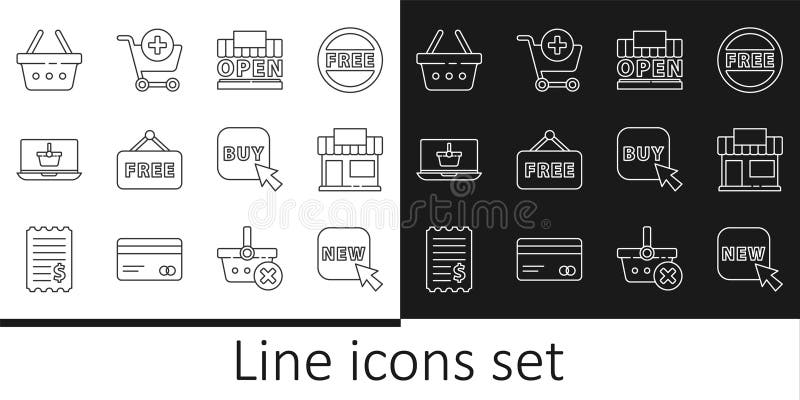 Butonul de setare a liniei cu noua clădire de cumpărături sau cu un nou magazin comercial și cu butonul de cumpărare a notebook-ul vector illustration
