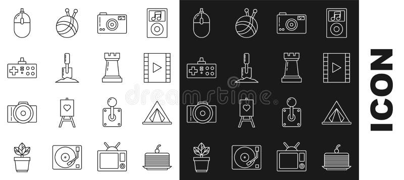 Set line cake turystyczny namiot play video fotokamera shovel in the ground gamepad komputer mysz i symbol szachowy royalty ilustracja