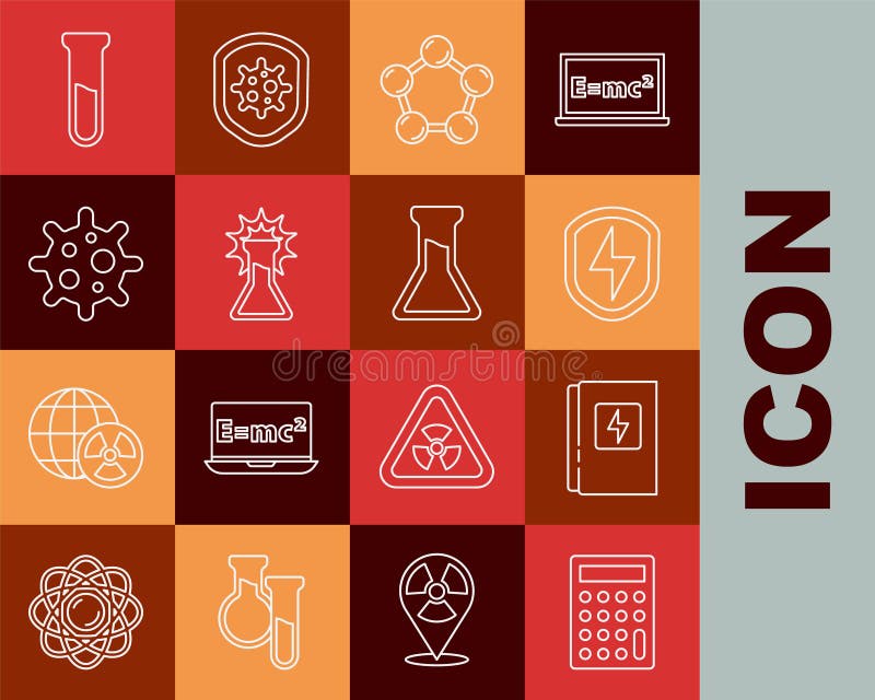 Set line Calculator, Electrical panel, Secure shield with lightning, Molecule, Test tube and flask, Virus, and icon stock illustration