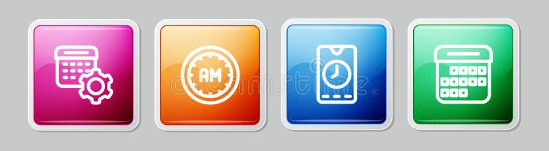 Setați setările calendarului de linie pentru aplicația ceas de dimineață cu ceas deșteptător și pentru mobil și. buton pătrat col royalty free illustration