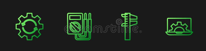 Set line Calliper or caliper and scale, Gear arrows as workflow, Multimeter and Laptop gear. Gradient color icons stock illustration