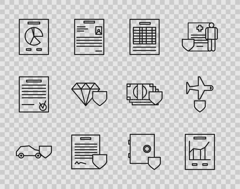 Set line Car with shield, Document graph chart, Report file document, Contract, Diamond, Safe and Plane icon. Vector stock illustration