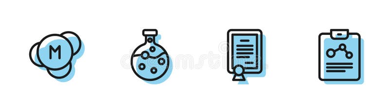 Set line Certificate template, Molecule, Test tube and flask and Chemistry report icon. Vector stock illustration