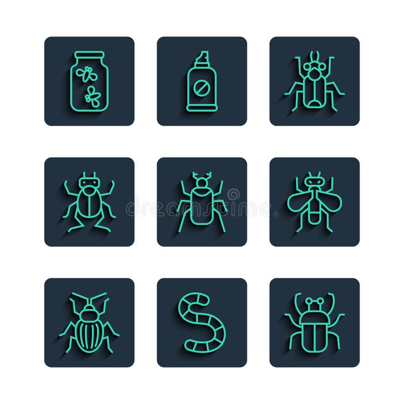 Set line chafer beeter worm stink bug beetbelies bugs jar and insecte fly icon. vector stock illustration