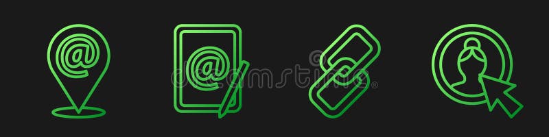 Set line Chain link, Location and mail and e-mail, Mail and e-mail and Create account screen. Gradient color icons royalty free illustration