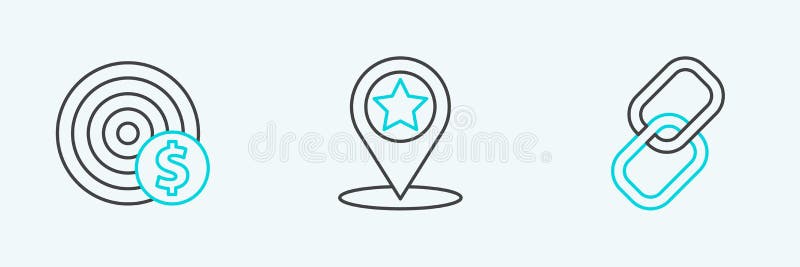 Set line Chain link, Target with dollar symbol and Map pointer star icon. Vector royalty free illustration