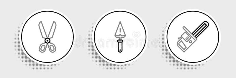 Set line Chainsaw, Scissors and Trowel icon. Vector stock illustration