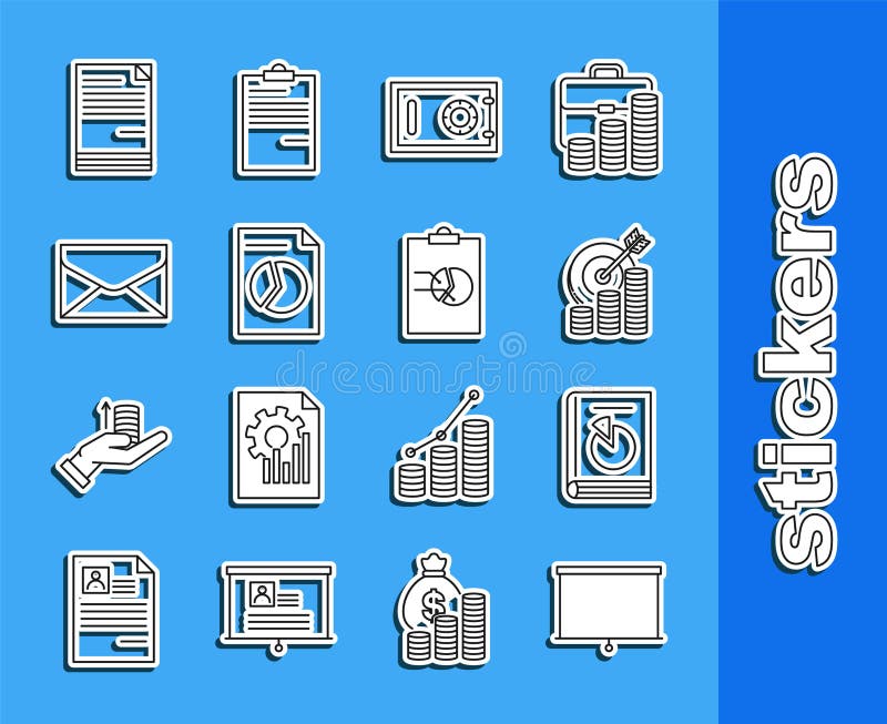 Set line Chalkboard, User manual, Target with coin symbol, Safe, Document graph chart, Envelope, and Clipboard icon stock illustration
