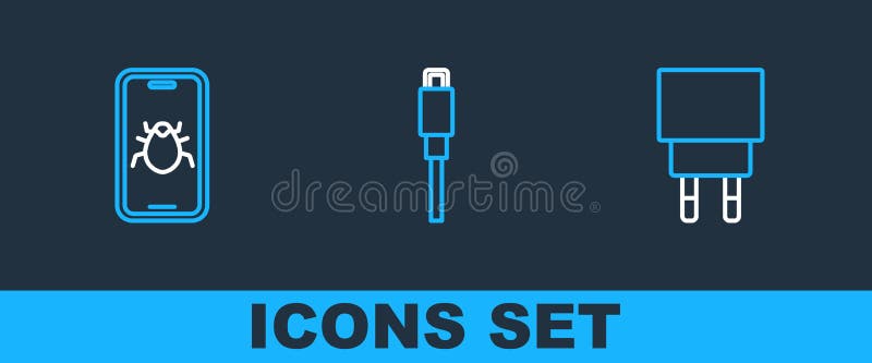 Set line Charger, System bug on mobile and USB cable cord icon. Vector stock illustration