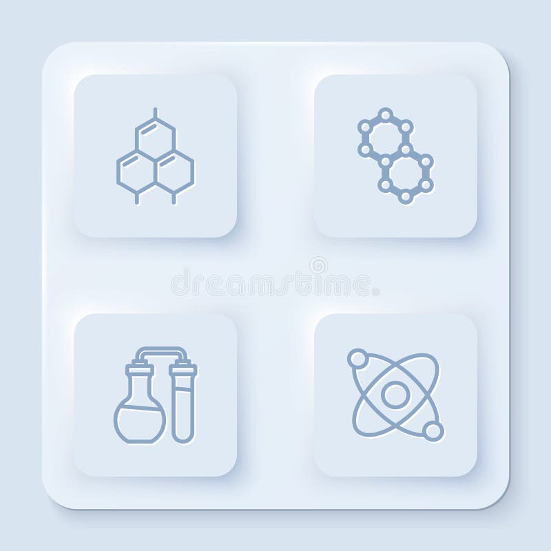 Set line Chemical formula, Molecule, Test tube and Atom. White square button. Vector stock illustration