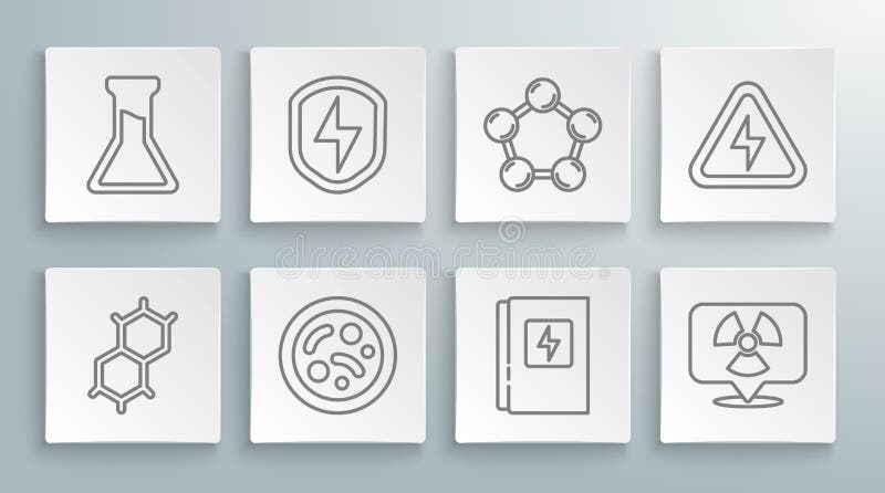 Set line Chemical formula, Secure shield with lightning, Bacteria, Electrical panel, Radioactive location, Molecule stock illustration