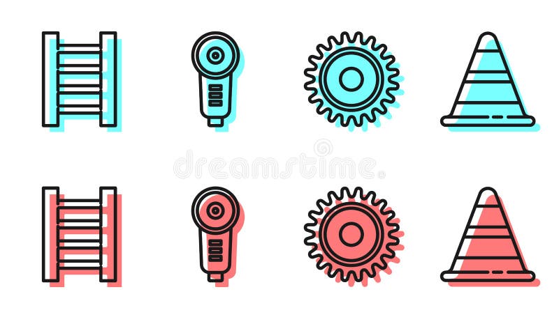 Set line Circular saw blade, Wooden staircase, Angle grinder and Traffic cone icon. Vector royalty free illustration