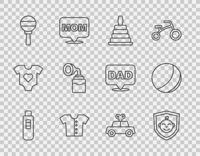 Set line ciąż test baby on shield piramid toy koszulka rattle baby baby piersi pompa zabawka samochód i plaża piłka ikona royalty ilustracja