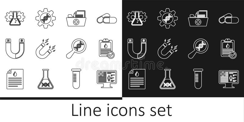 Set line Clinical record on monitor, Clipboard with blood test, Health folder, Magnet lightning, Bioengineering, DNA