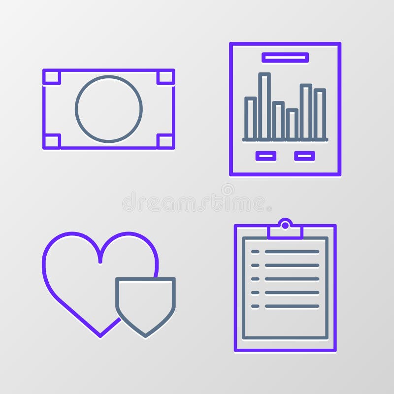 Set line Clipboard with checklist, Heart shield, Document graph chart and Stacks paper money cash icon. Vector vector illustration
