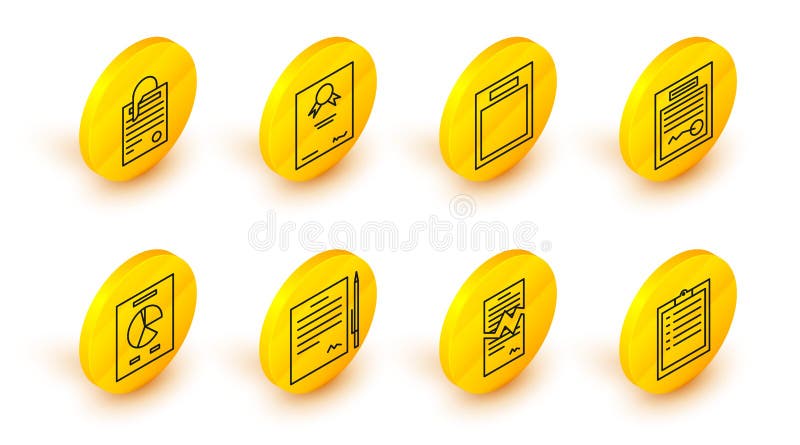 Set line Clipboard with checklist, Torn contract, Contract pen, Document graph chart, Filled form, Empty, Certificate royalty free illustration