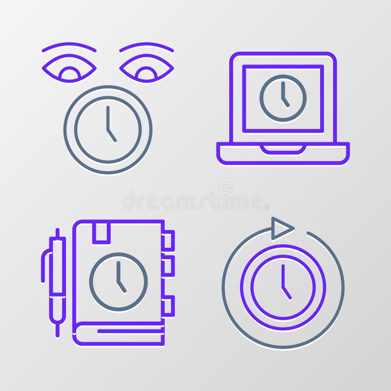 Set line Clock with arrow, Daily paper notepad, Laptop time and icon. Vector stock illustration