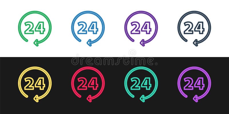 Set line Clock 24 hours icon isolated on black and white background. All day cyclic icon. 24 hours service symbol