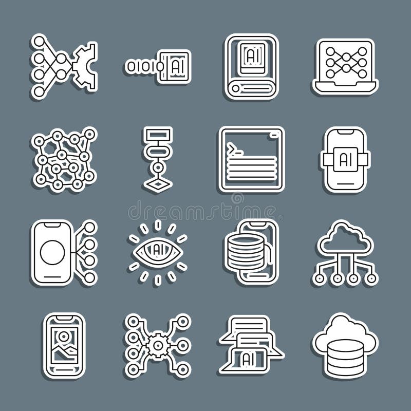 Set line Cloud database, Network cloud connection, Artificial intelligence AI, Algorithm, Neural network, and Web stock illustration
