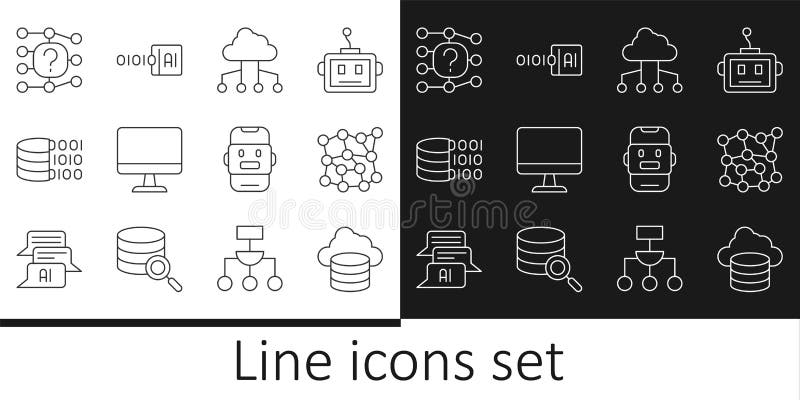 Set line Cloud database, Neural network, Network cloud connection, Computer monitor, Binary code, Chat bot and icon stock illustration
