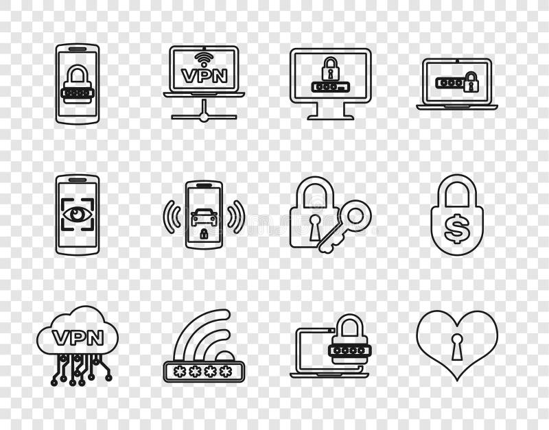 Set line Cloud VPN interface, Heart with keyhole, Monitor password, Wifi locked, Mobile and, Smart car alarm system stock illustration