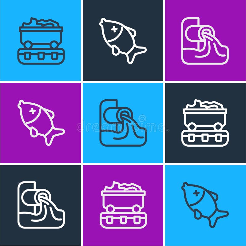 Set line Coal train wagon, Wastewater and Dead fish icon. Vector stock illustration