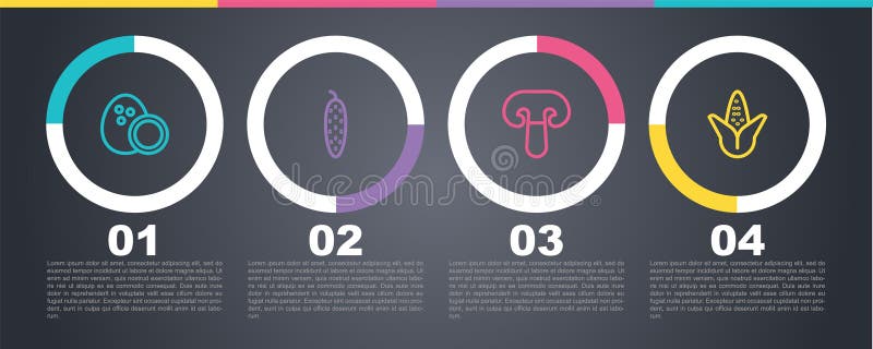 Set line Coconut, Cucumber, Mushroom and Corn. Business infographic template. Vector stock illustration