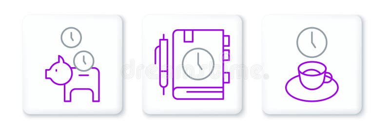 Set line Coffee time, Piggy bank with coin and Daily paper notepad icon. Vector vector illustration